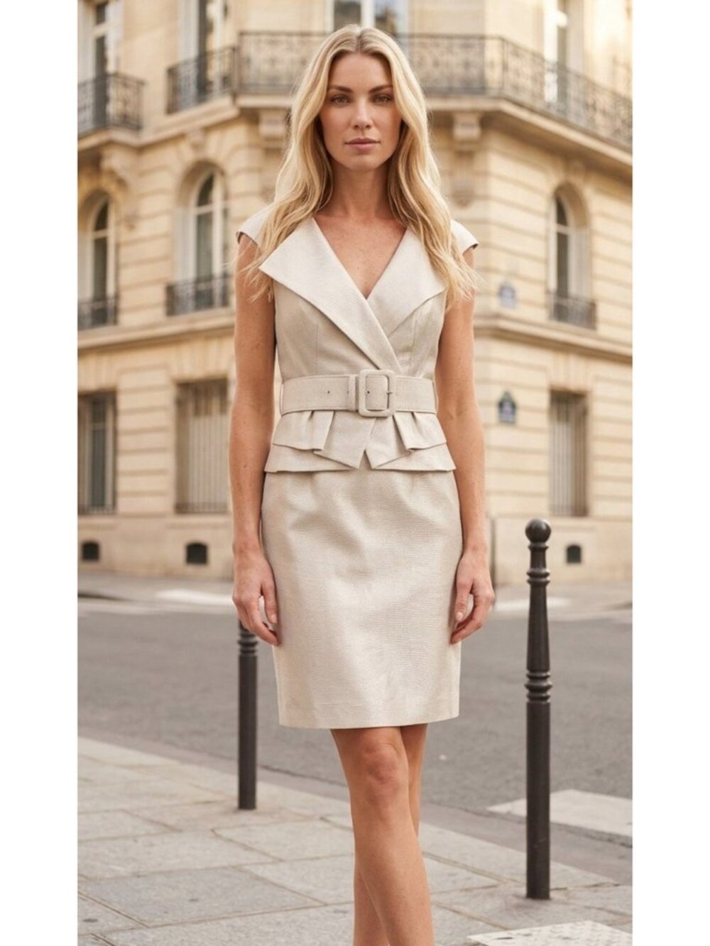EUC Kay Unger Stone Minimalist  V-Neck Peplum Sheath Dress w/ Belt womens 8